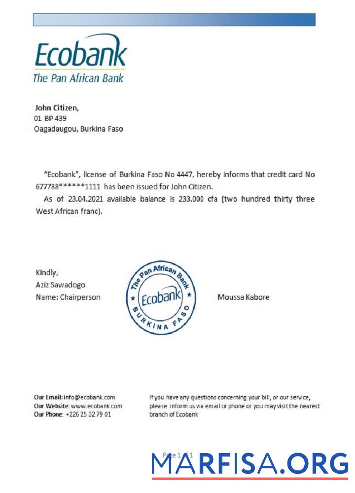 Printable Burkina Faso Ecobank reference sample